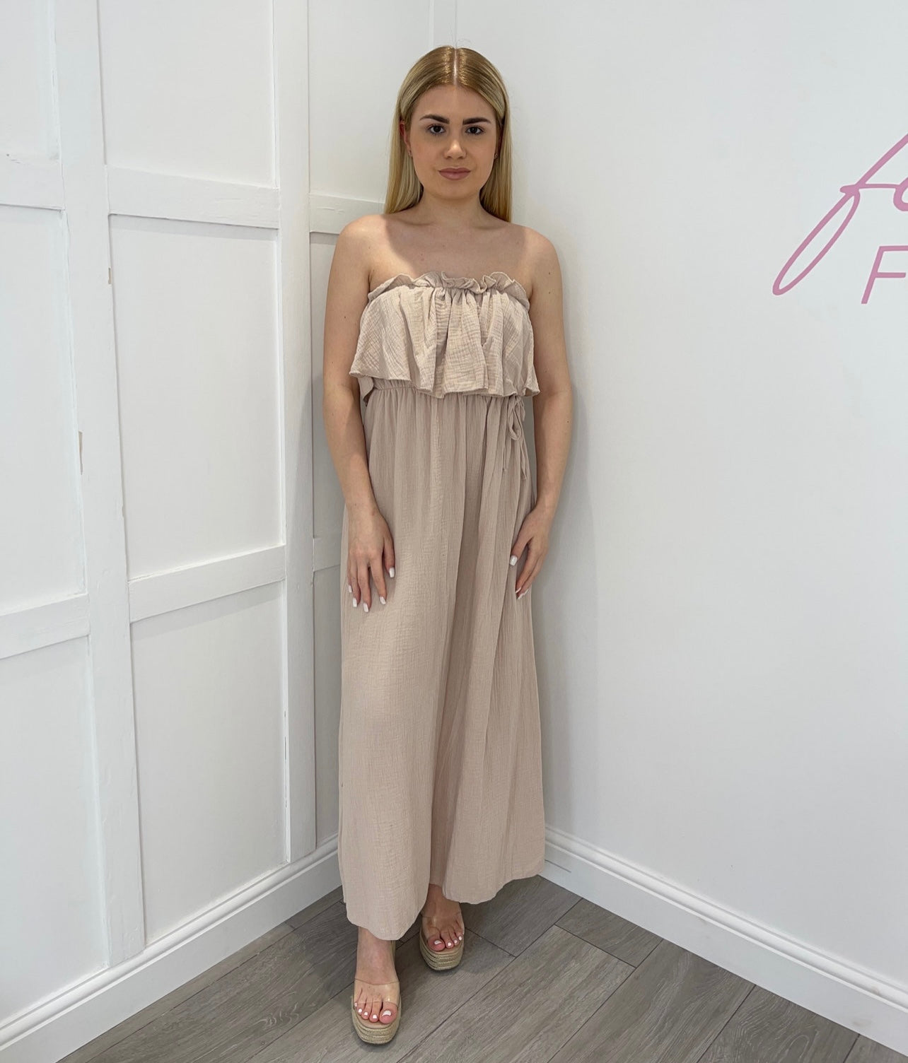 CORA Beige Bandeau Cheesecloth Maxi Dress