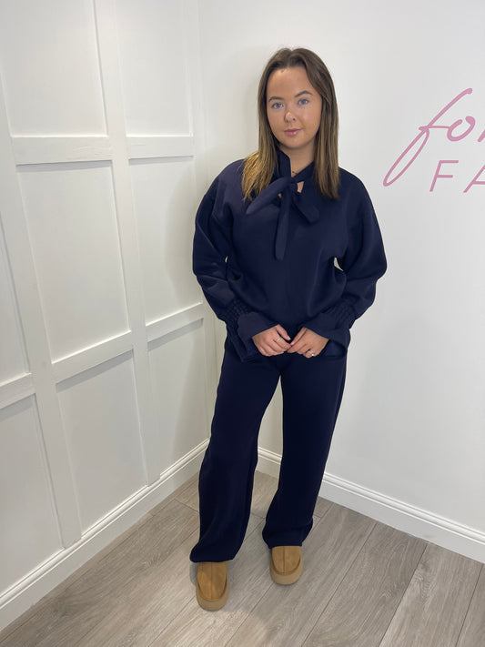 SKYE Premium Thick Navy Bow Tie Loungewear Set
