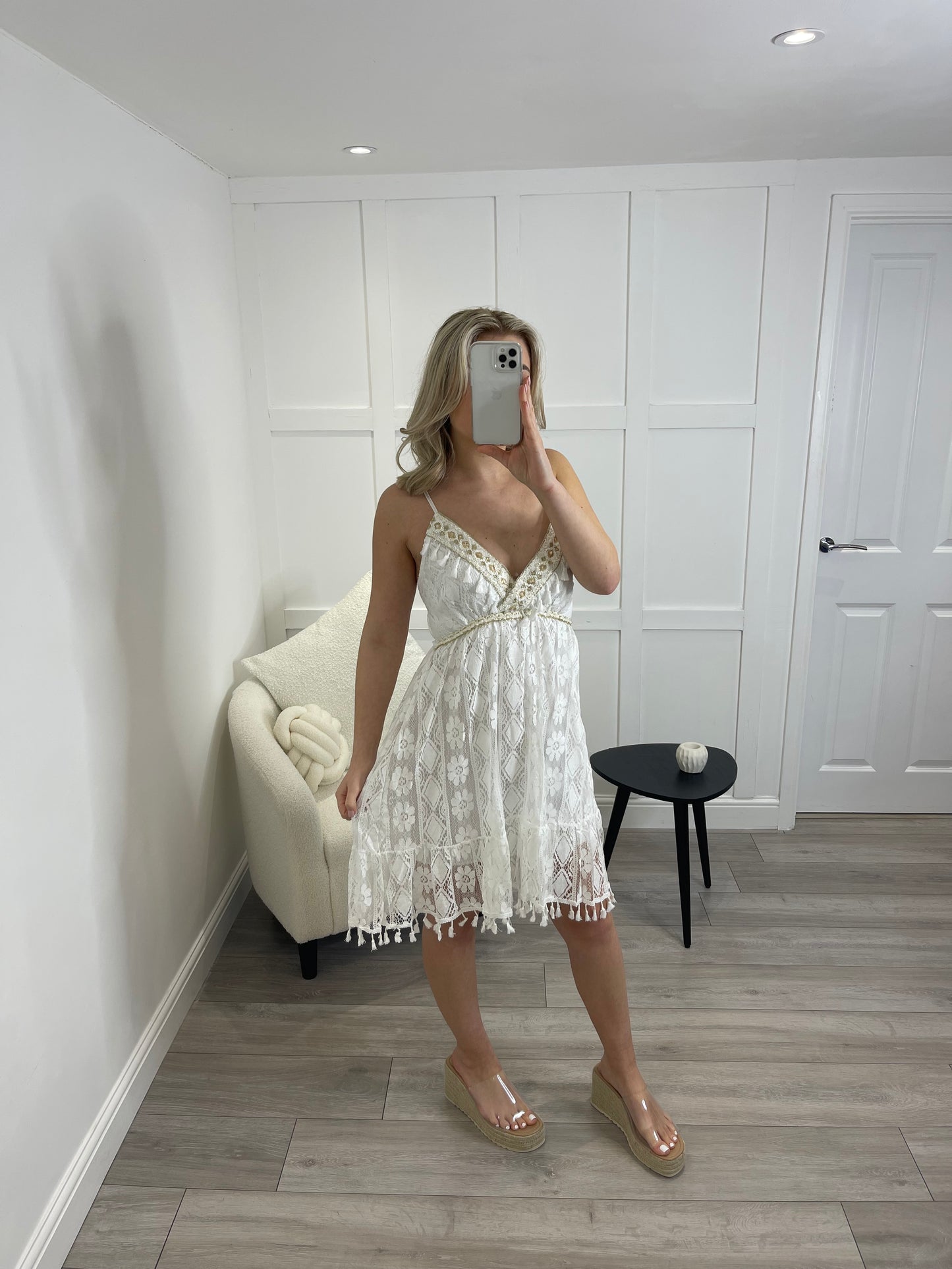 KACI Premium White & Gold Lace Mini Resort Dress