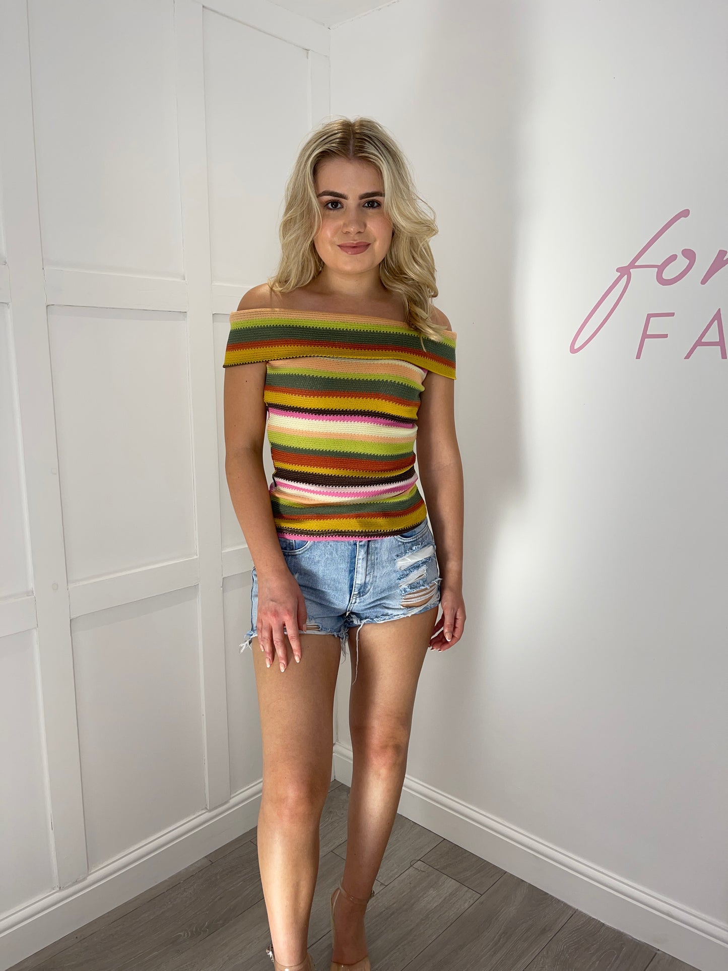 TALIA Orange Aztec Crochet Knitted Bardot Top