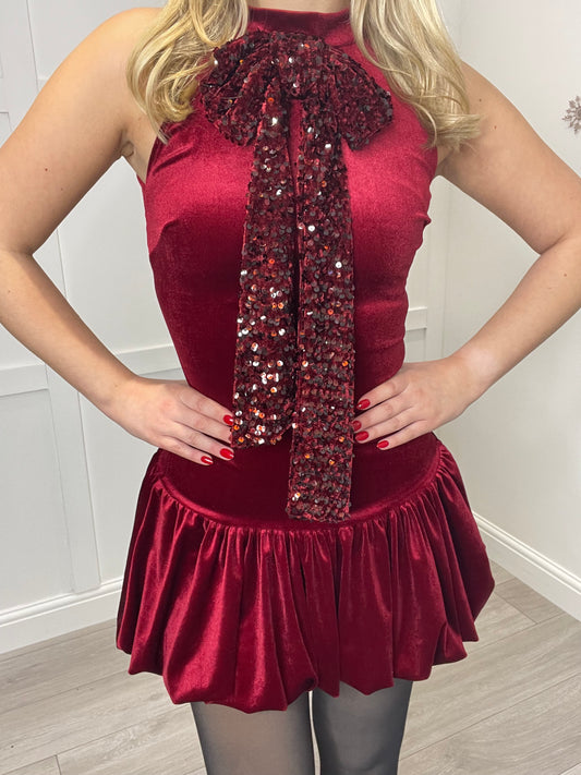 ARIANA Wine Velvet Bow Mini Dress