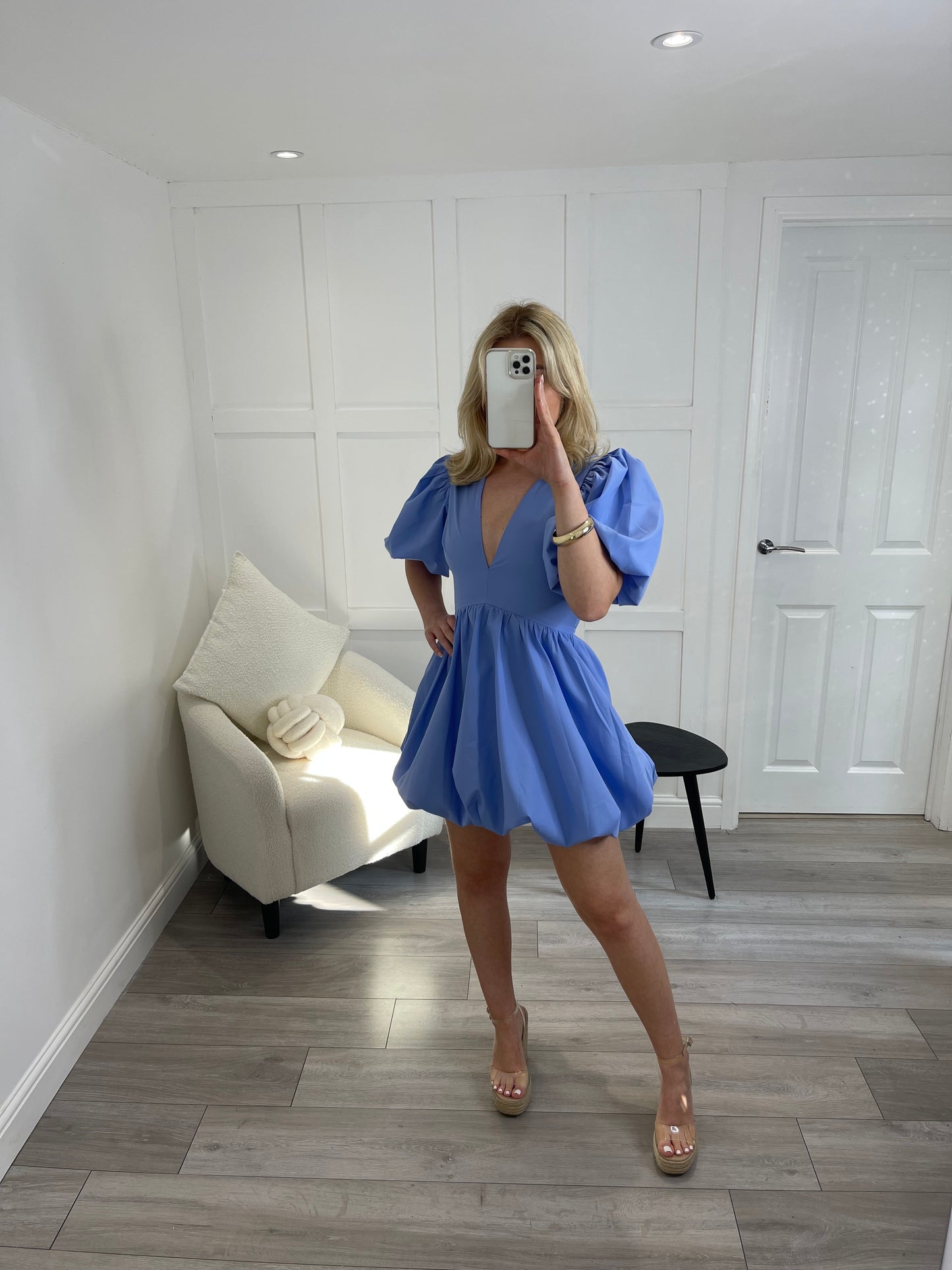 EMILY Powder Blue Puff Sleeve Mini Dress