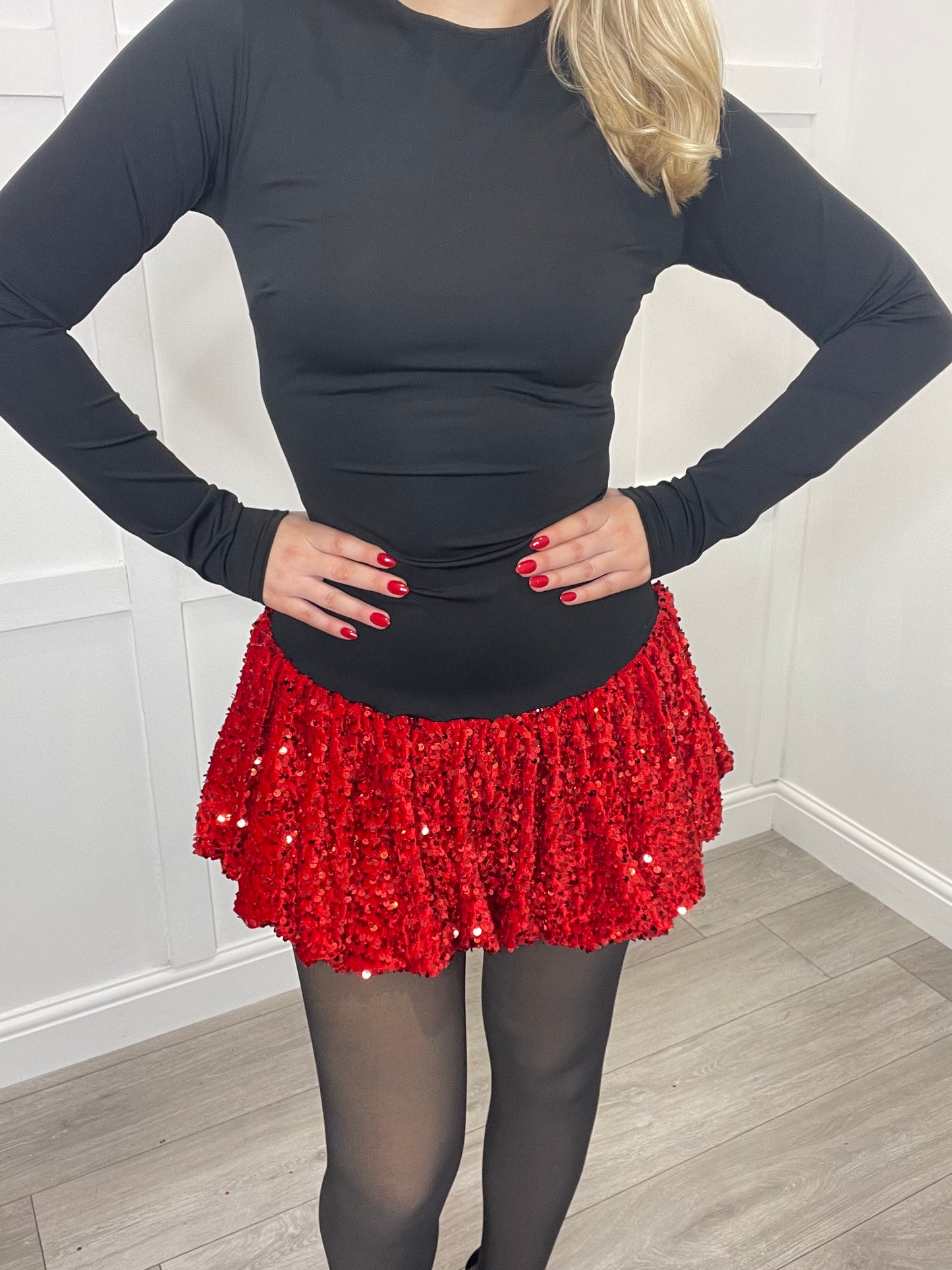 POPPY Black & Red Sequin Mini Puff Ball Dress