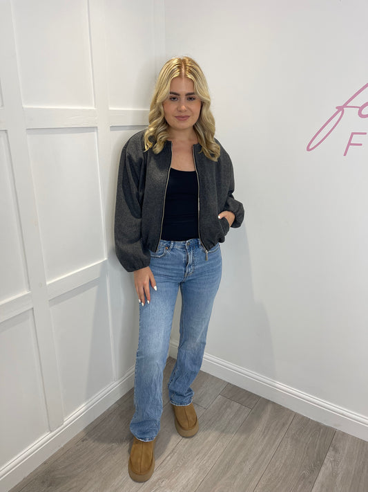POLLY Grey Cropped Bomber Jacket