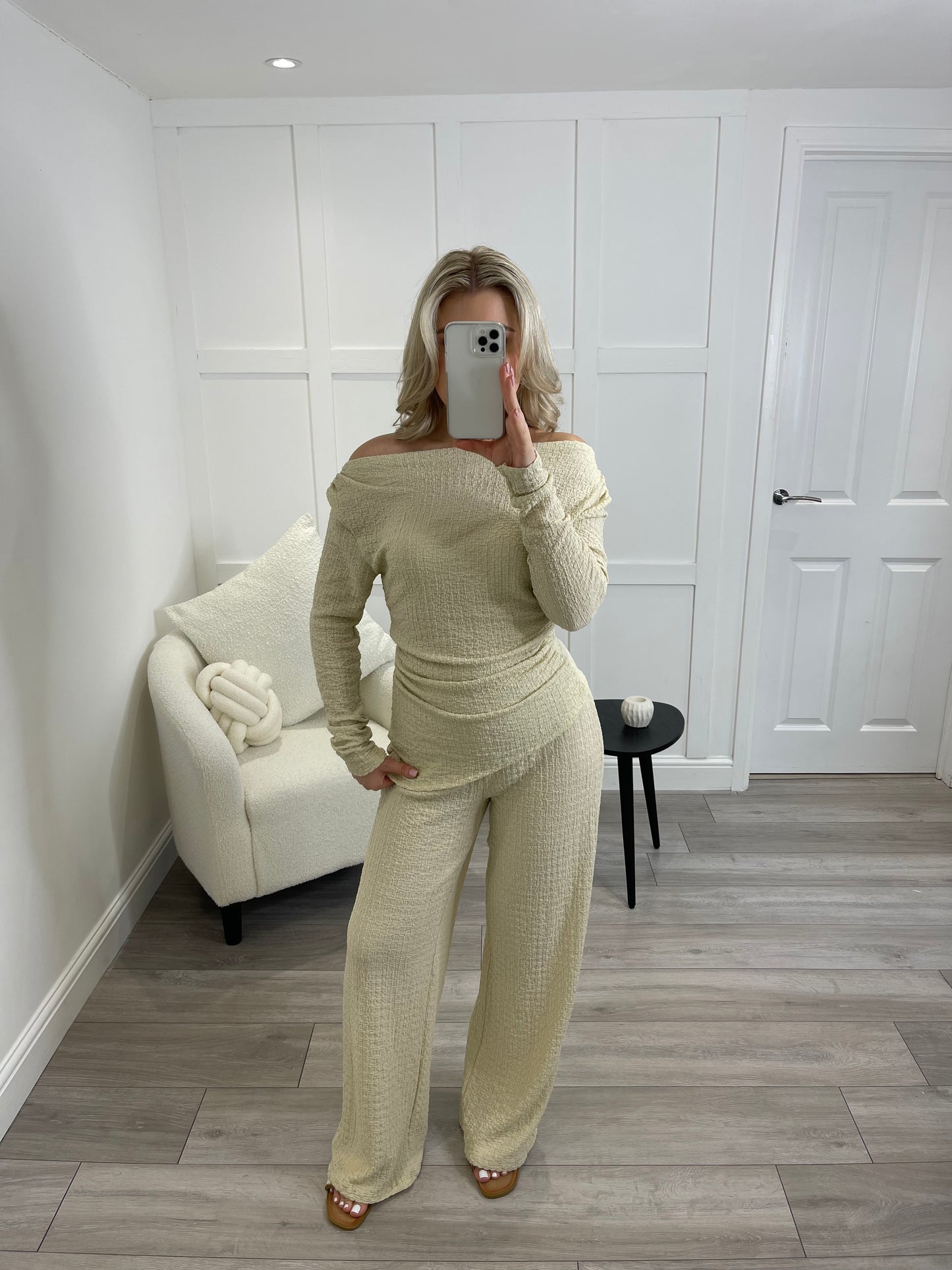 CADY Asymmetric Beige Textured Top & Trouser Set