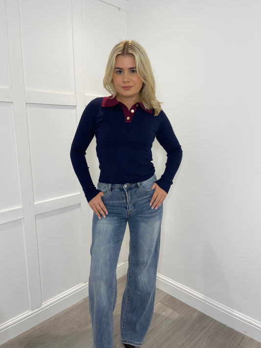 CARLA Premium Navy Fine Knit Ribbed Collar Top