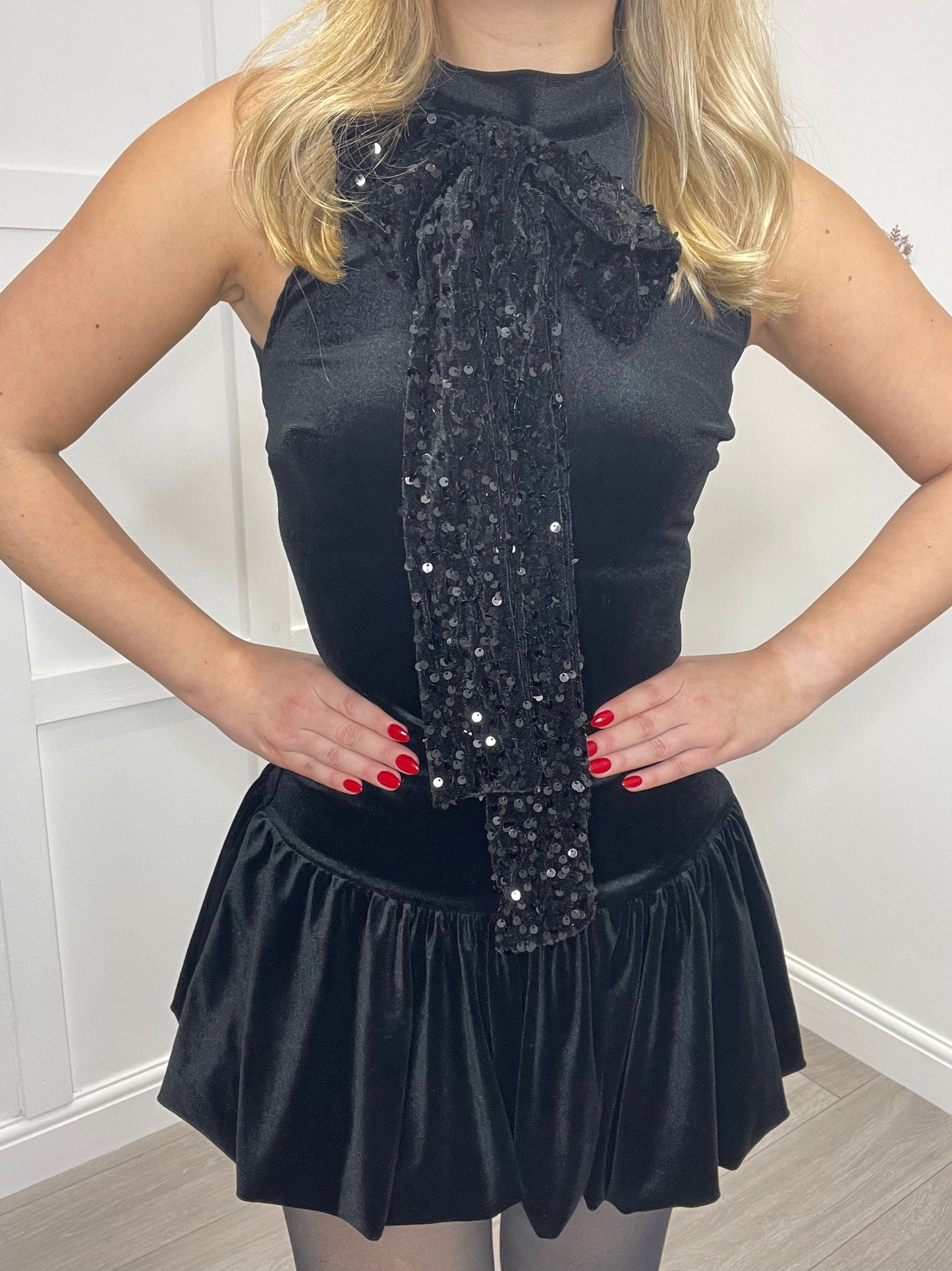 MADDIE Black Velvet Bow Mini Dress