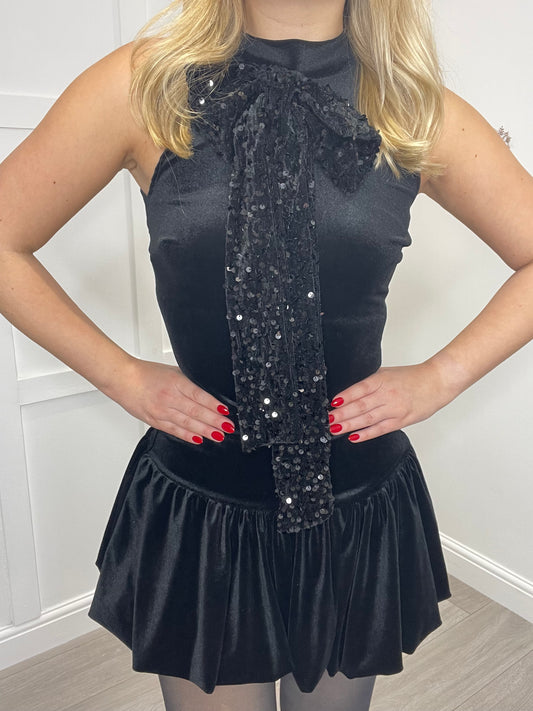 MADDIE Black Velvet Bow Mini Dress