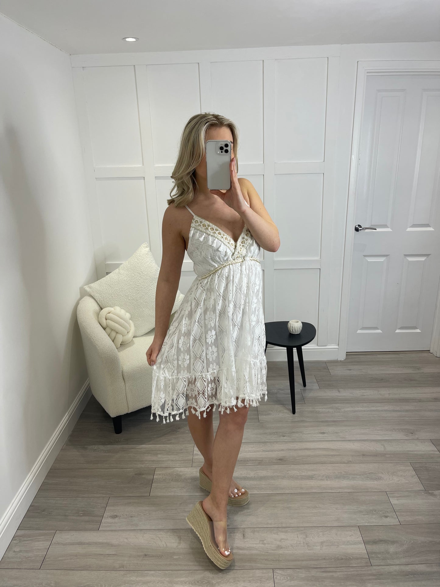 KACI Premium White & Gold Lace Mini Resort Dress