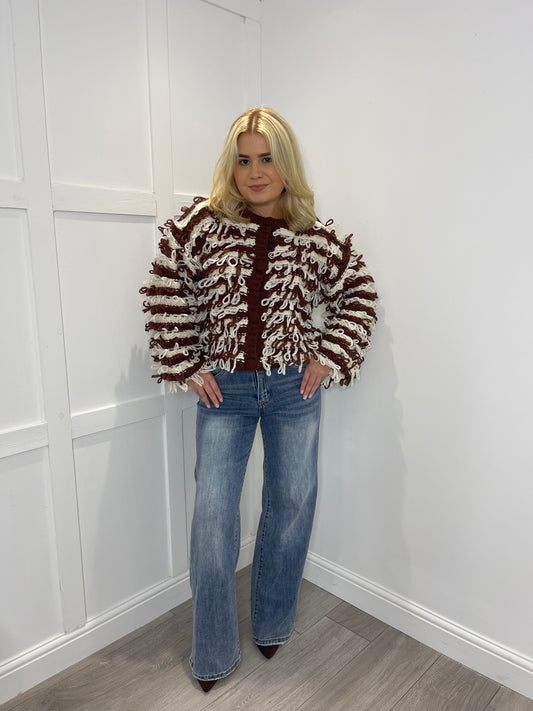 SUSIE Premium Contrast Brown & White Loop Cardigan