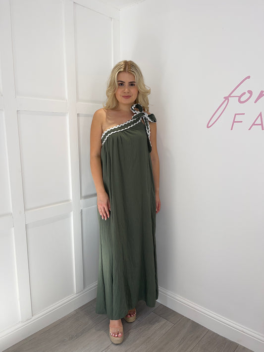 ELSIE Khaki Tie Knot Shoulder Maxi Dress