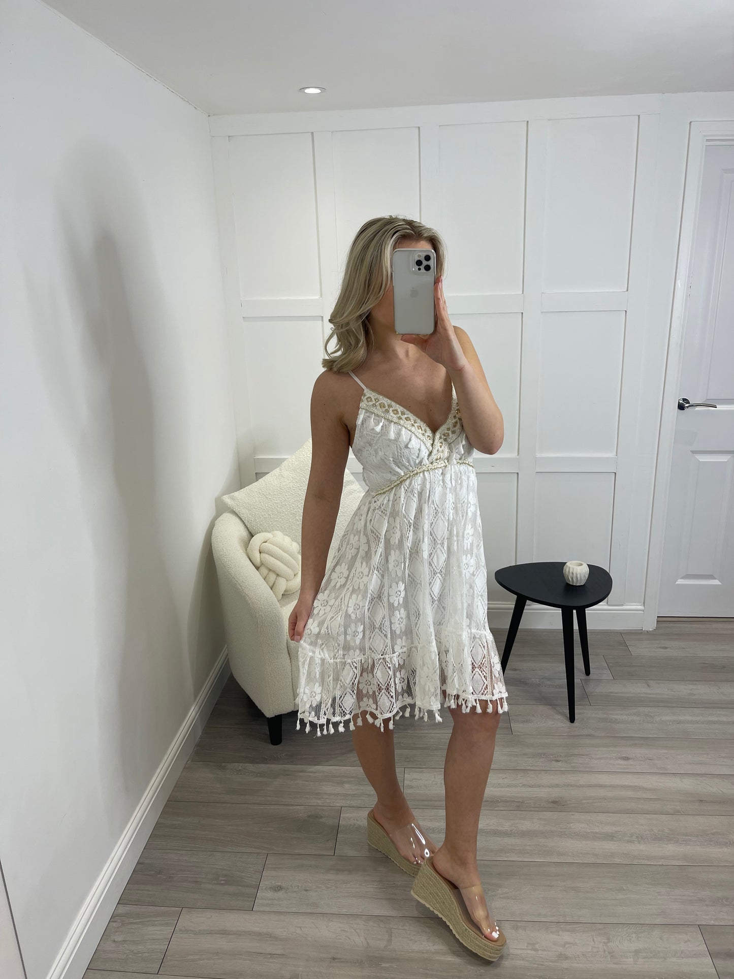 KACI Premium White & Gold Lace Mini Resort Dress