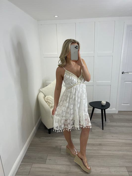 KACI Premium White & Gold Lace Mini Resort Dress