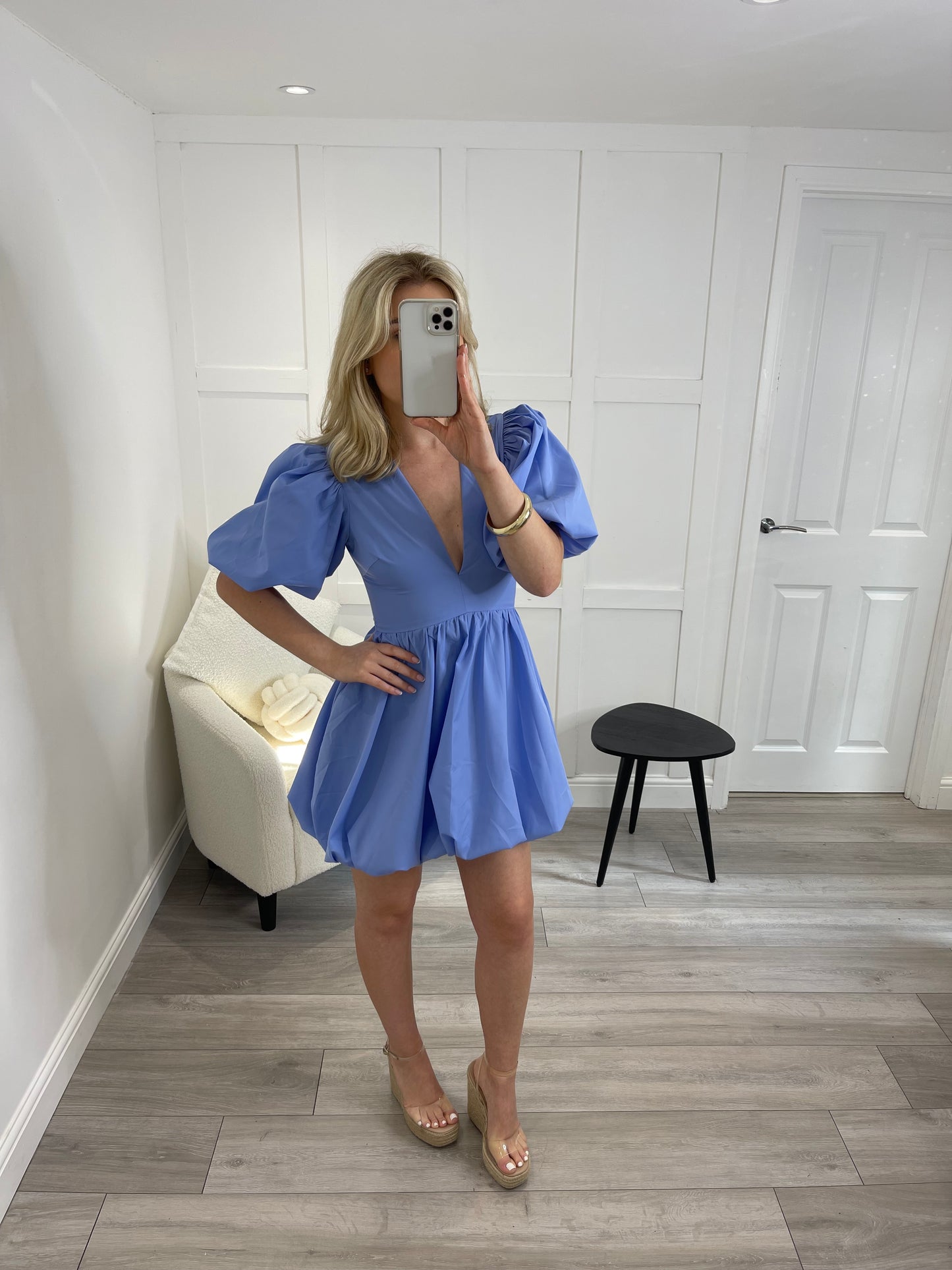 EMILY Powder Blue Puff Sleeve Mini Dress