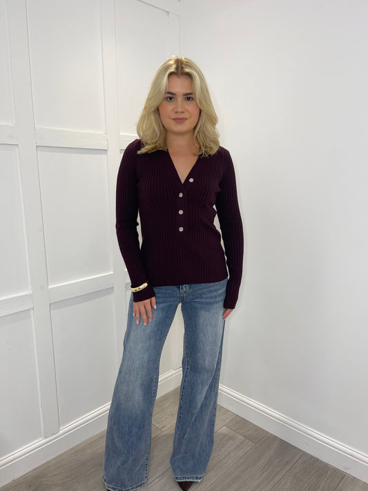 CONNIE Burgundy Premium Ribbed Button Front Jumper