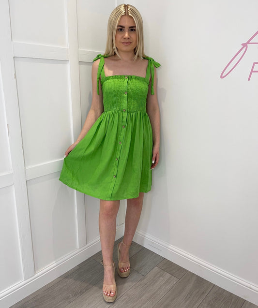 BONNIE Lime Green Button Bow Tie Dress