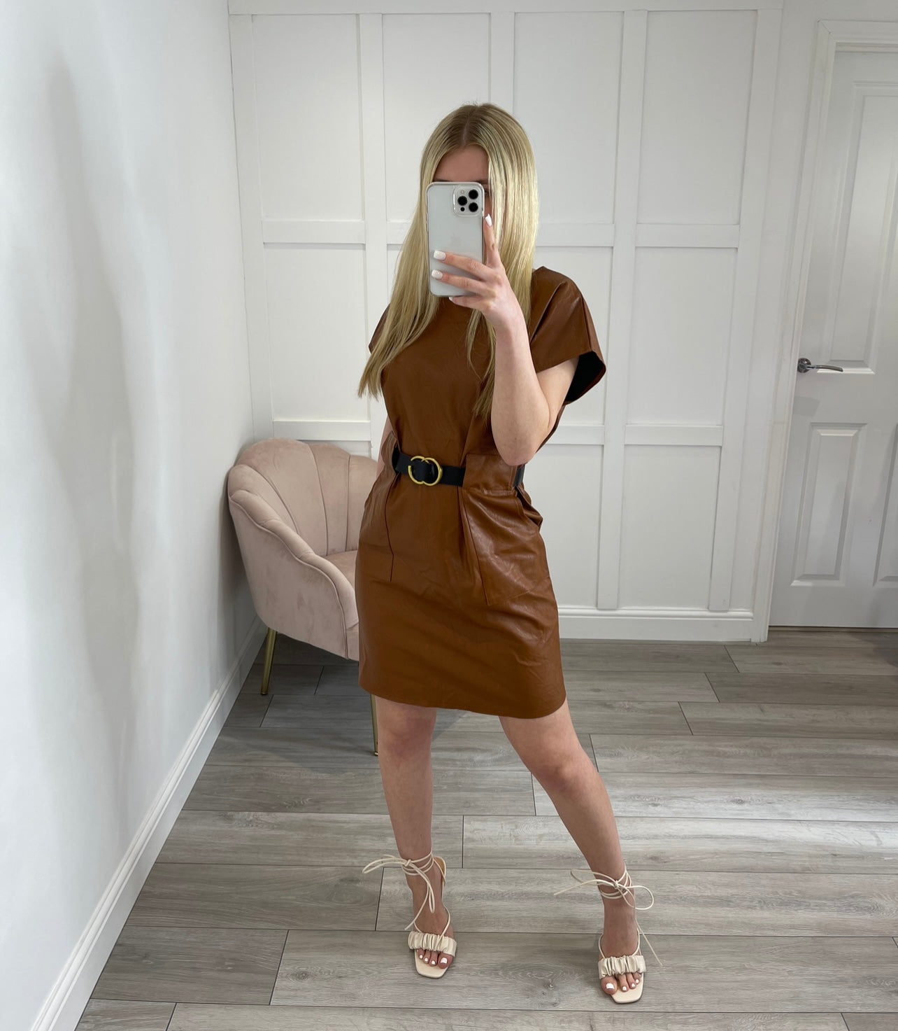 CARMEN Faux Leather Belted Dress