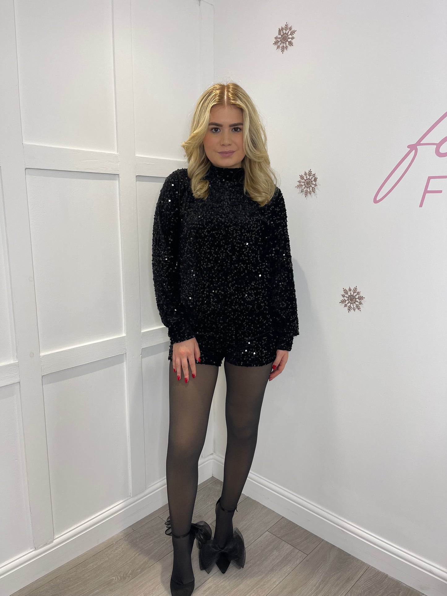 MIMI Black Sequin Long Sleeve Top & Short Co Ord Set