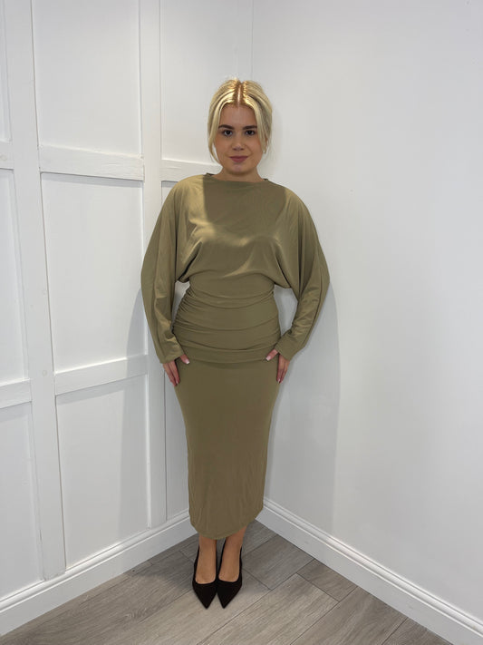 CARLI Taupe Long Sleeve Ruched Draped Midi Dress