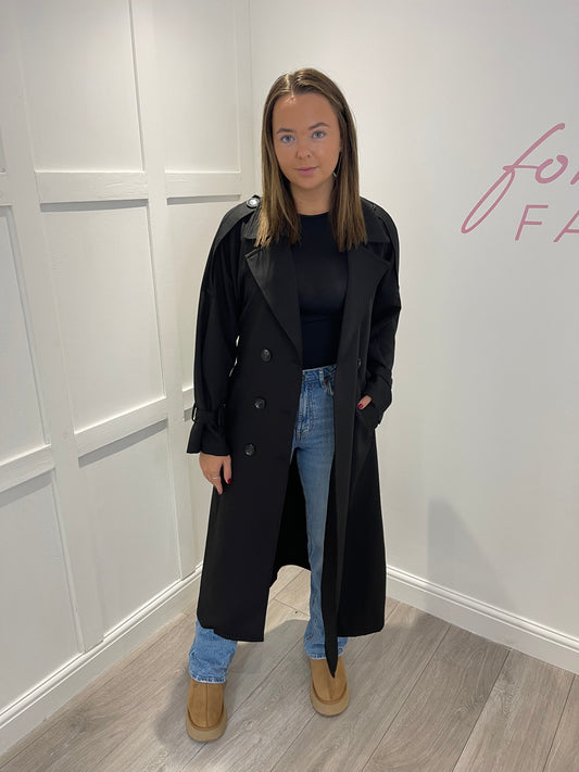 HATTIE Belted Black Trench Coat