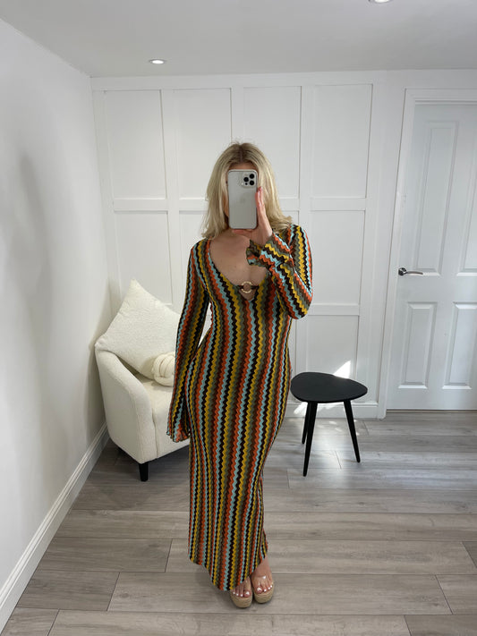 ELLIAH Orange Zig Zag Ring Maxi Dress