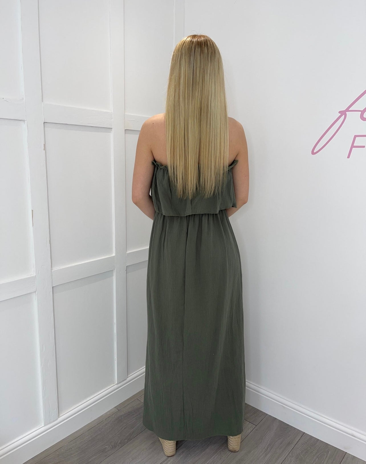 LORI Khaki Bandeau Cheesecloth Maxi Dress