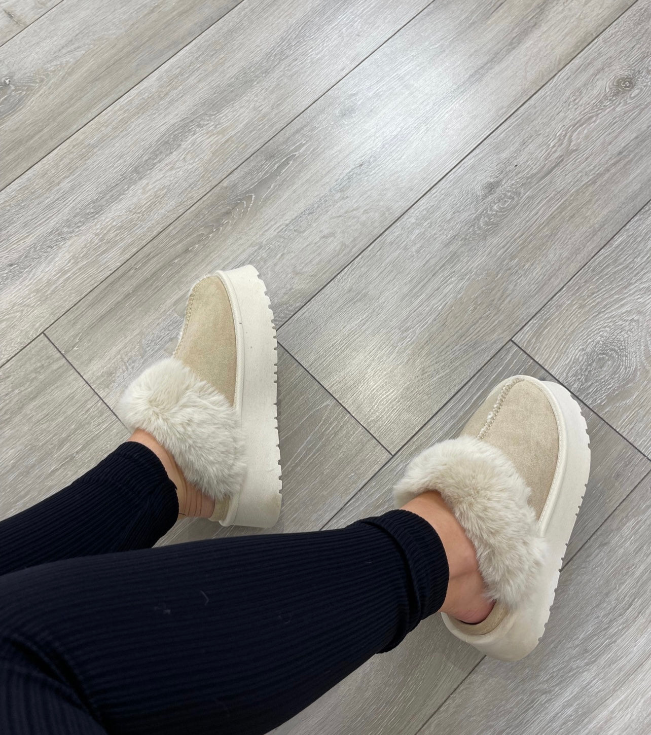 POLLY Beige Faux Fur Platforms