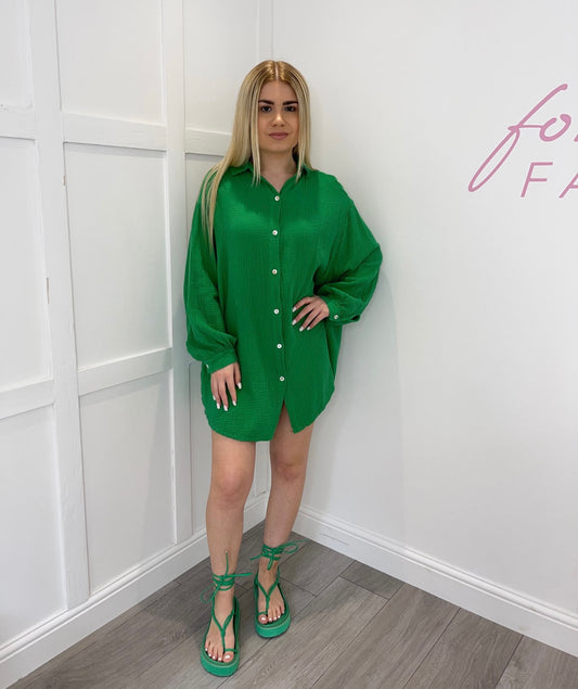 MOLLIE Green Cheesecloth Shirt Dress