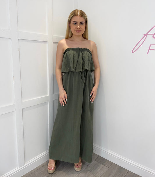 LORI Khaki Bandeau Cheesecloth Maxi Dress