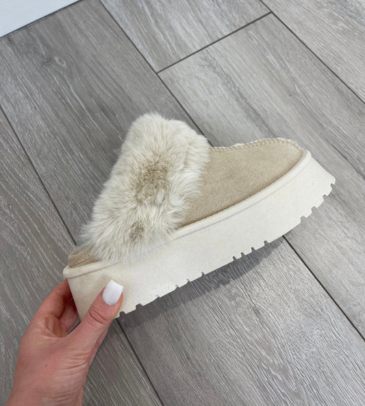 POLLY Beige Faux Fur Platforms