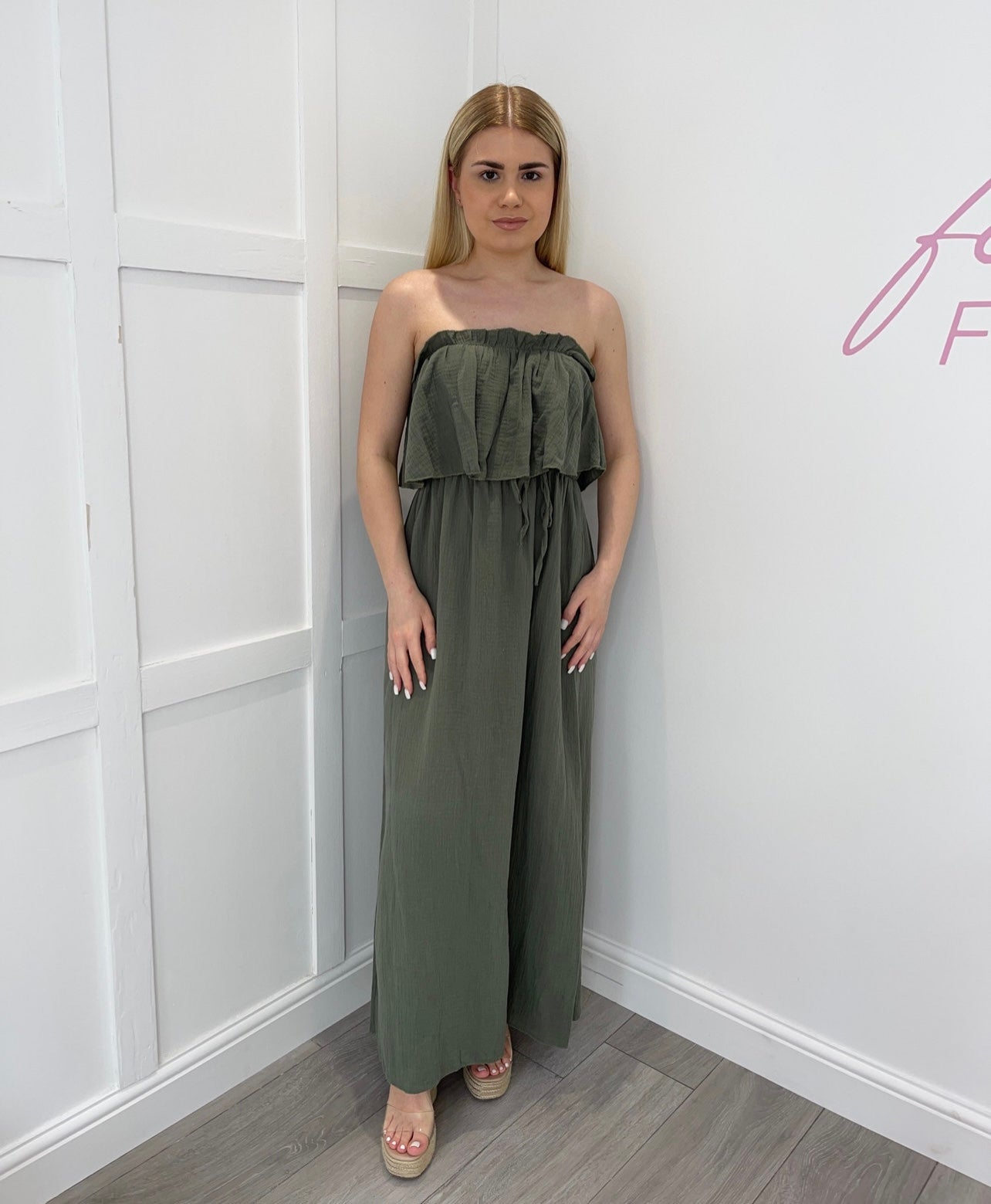 LORI Khaki Bandeau Cheesecloth Maxi Dress