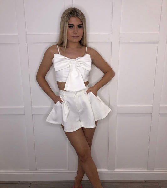 ERIN White Satin Bow Top