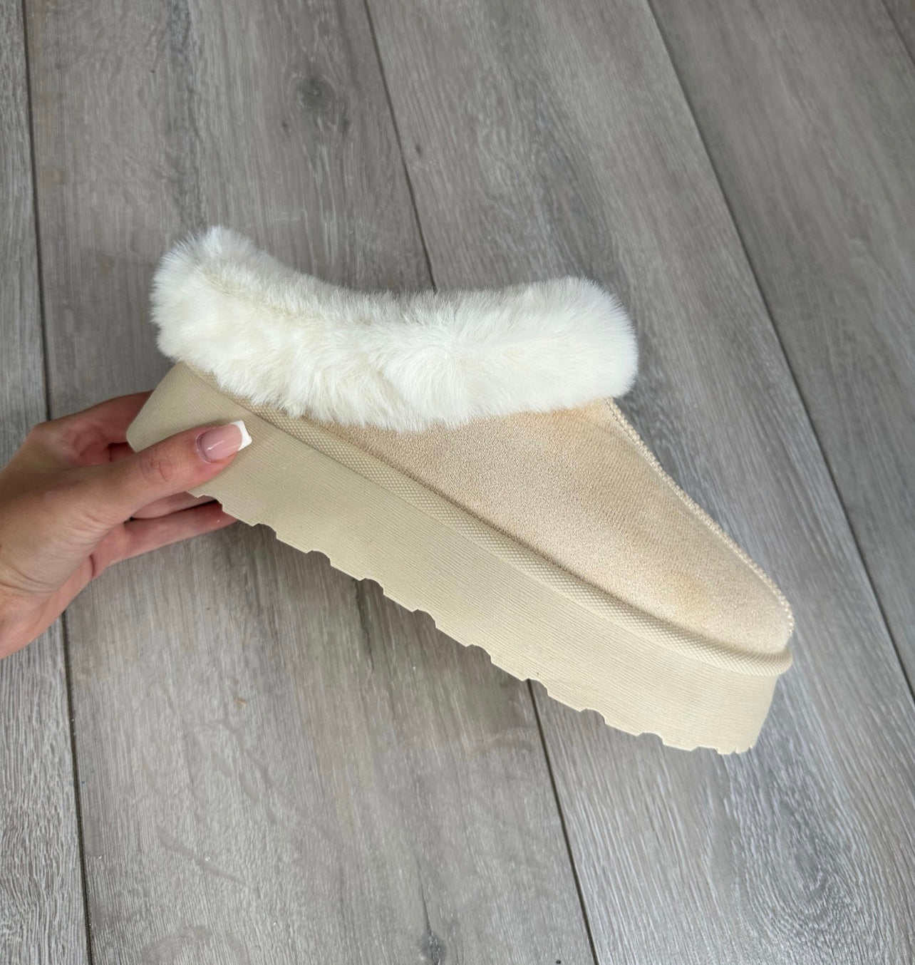 GIGI Beige Faux Fur Platform Slipper Shoes