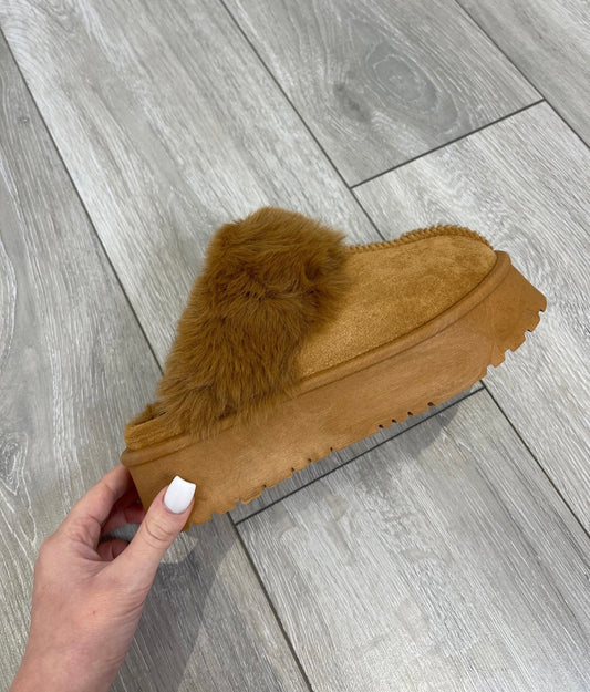 GABRIELLE Chestnut Brown Faux Fur Platforms