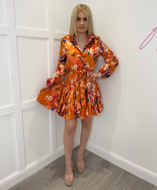 MAYA Orange Floral Satin Tie Belted Dress