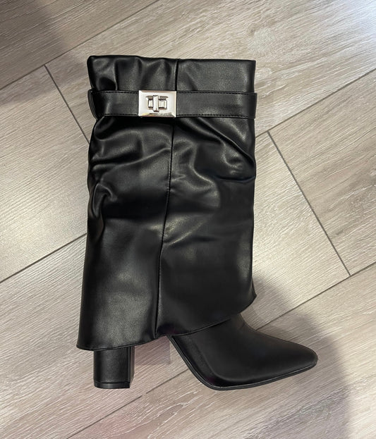 SASKIA Faux Leather Short Black Fold Over Lock Boots