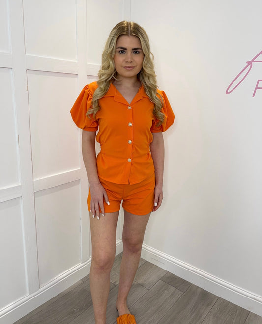 ELLIE Orange Puff Sleeve Tie Co Ord Set