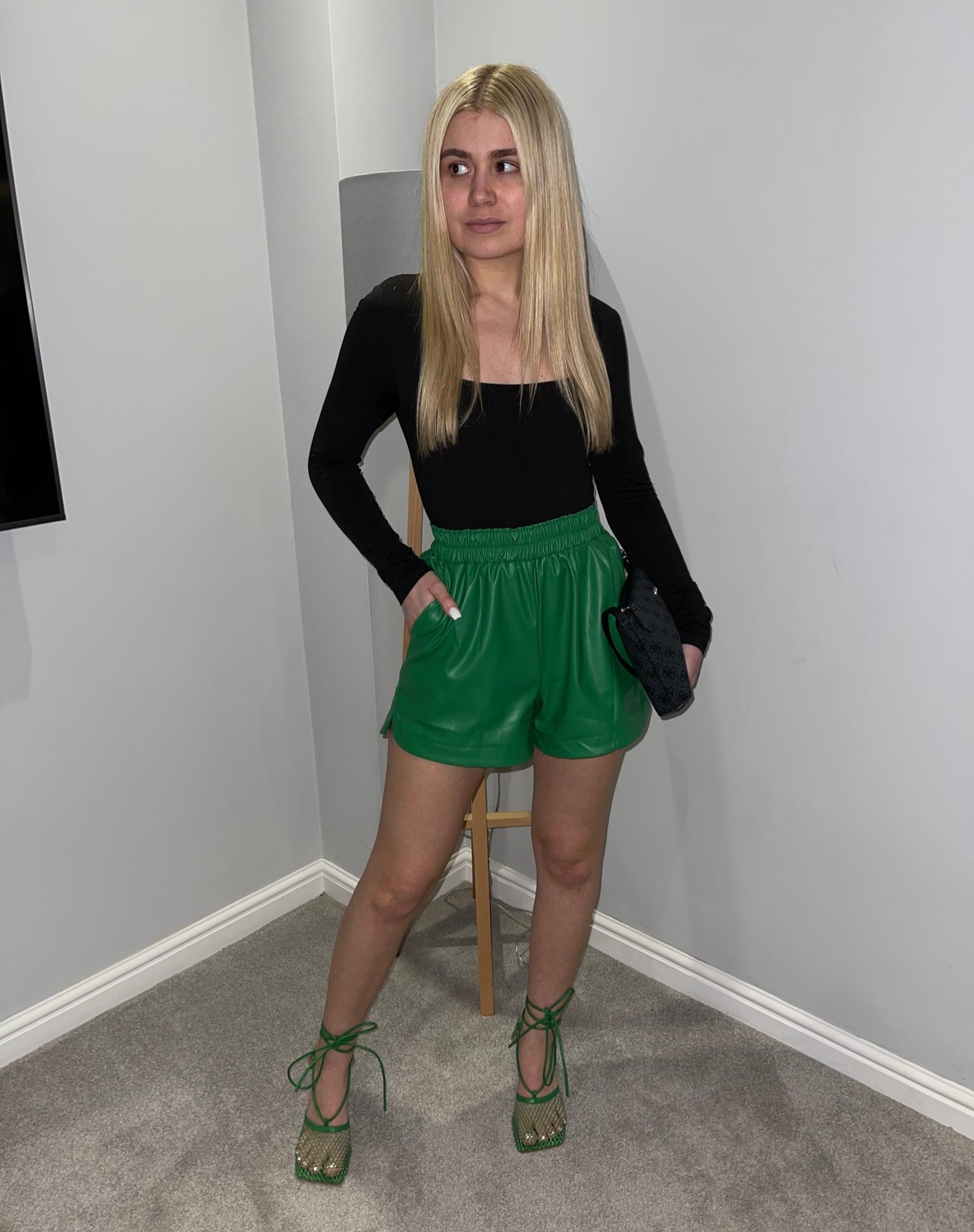 LONNIE Green Faux Leather Shorts