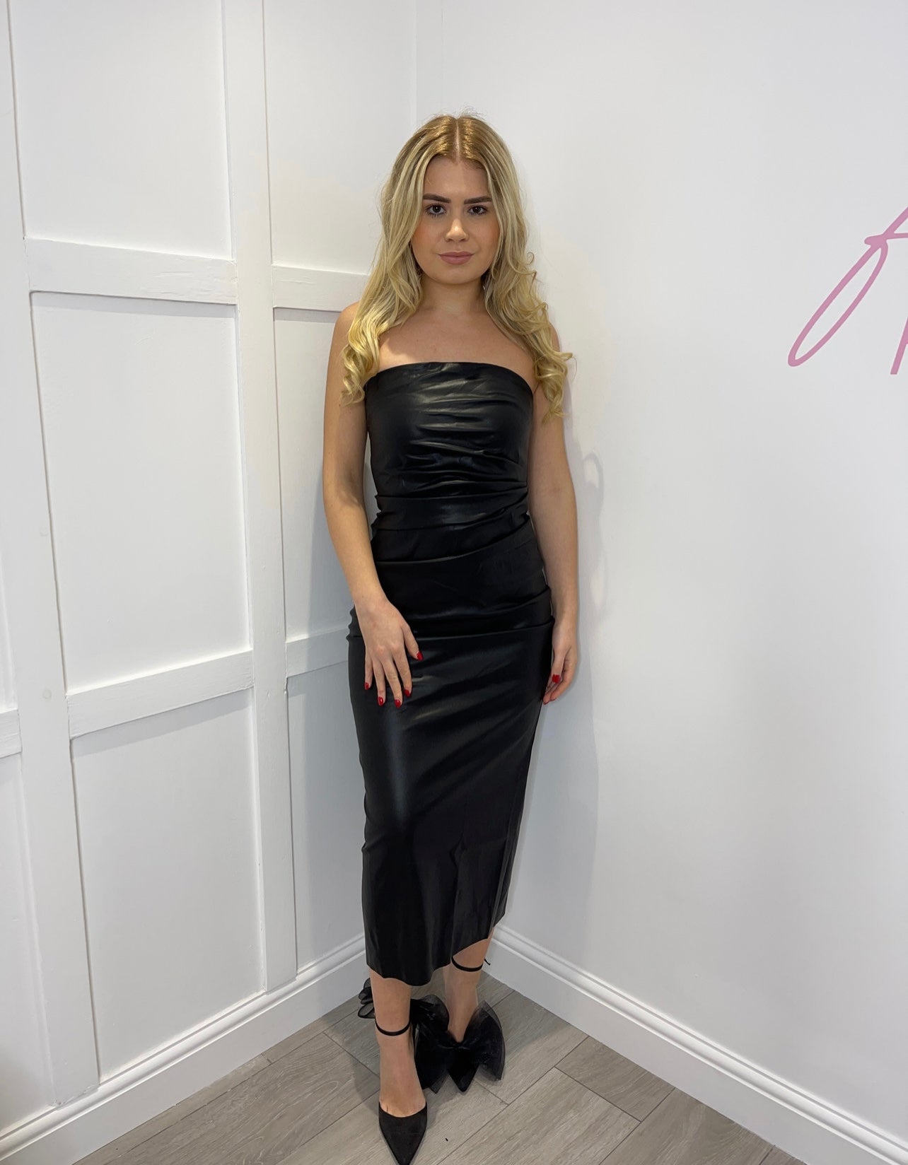 AMANDA Faux Leather Ruched Midi Dress