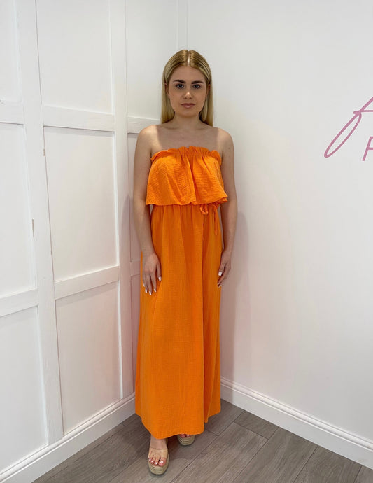 AMBER Orange Bandeau Cheesecloth Maxi Dress